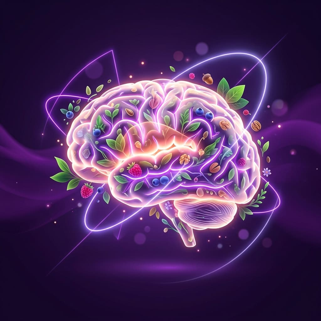 3D Neuro-Nutrition brain schematic illustration with glowing neural pathways and botanical details